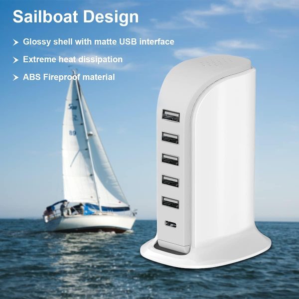 Charging Station for Multiple Devices 40W Upoy, Wall Charger Block 5 USB Ports(Shared 6A), USB Charging Hub Smart IC, Charger Tower with Type-C 3A for iPhone iPad Tablets Smartphones, Home Office Use - Image 2