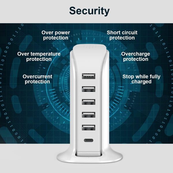 Charging Station for Multiple Devices 40W Upoy, Wall Charger Block 5 USB Ports(Shared 6A), USB Charging Hub Smart IC, Charger Tower with Type-C 3A for iPhone iPad Tablets Smartphones, Home Office Use - Image 7