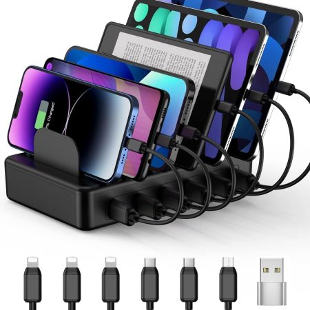 CREATIVE DESIGN Charging Station, 50W 6 Ports Multi Charger Station with 6 Charging Cables, USB Charging Dock for Multiple Devices, Compatible with Cellphone iPad Kindle Tablet and Other Electronic