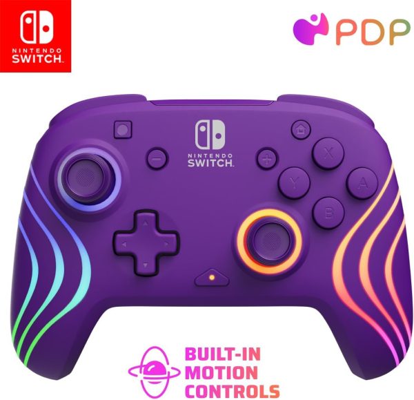 PDP Afterglow Wave Wireless Pro Controller with Full Motion for Nintendo Switch, Nintendo Switch - OLED Model, 8 RGB LED Lighting Zones, 30 Foot Range, 20 Hour Rechargeable Battery: Purple
