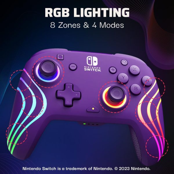 PDP Afterglow Wave Wireless Pro Controller with Full Motion for Nintendo Switch, Nintendo Switch - OLED Model, 8 RGB LED Lighting Zones, 30 Foot Range, 20 Hour Rechargeable Battery: Purple - Image 2
